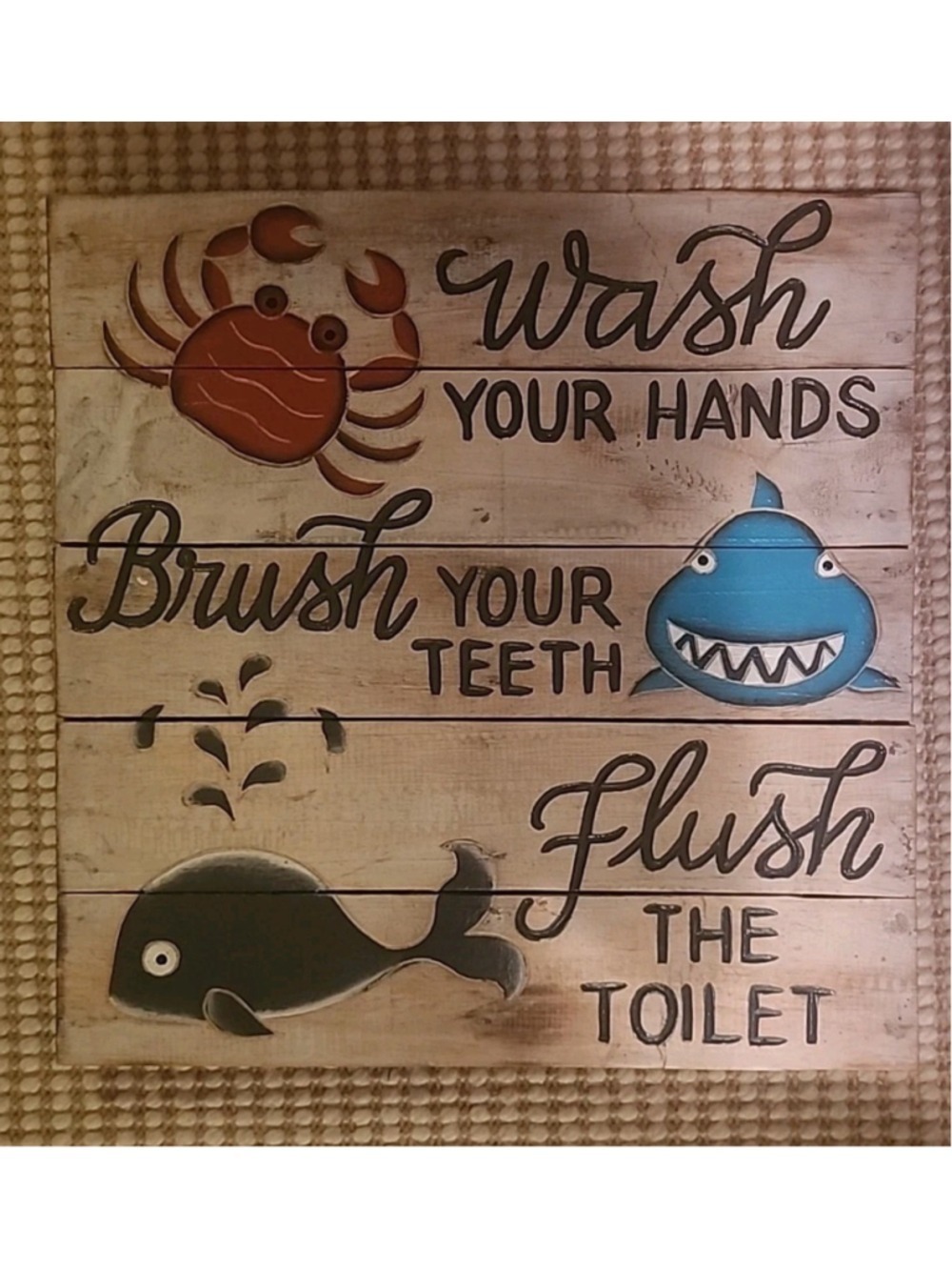 20x20in Wooden Childrens Bathroom Wall Decor, Shark, Crab, Whale, NEW